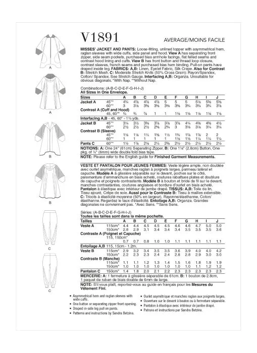 V1891 VOGUE Schnittmuster Kapuzenjacke + Hose