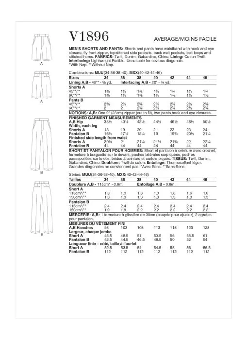 V1896 VOGUE Schnittmuster Herren Hose Shorts