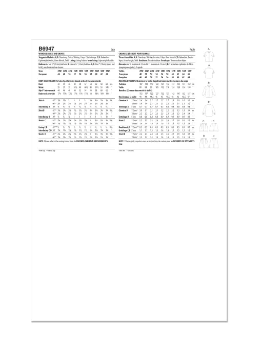 B6947 Butterick Schnittmuster Hemdbluse Shorts