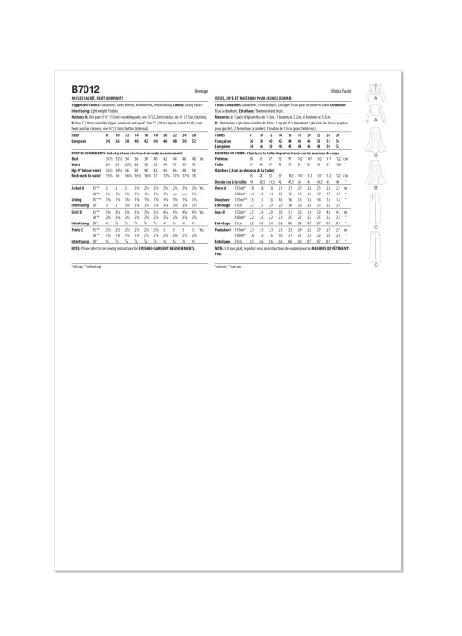 B7012 Butterick Schnittmuster Jacke Rock Hose