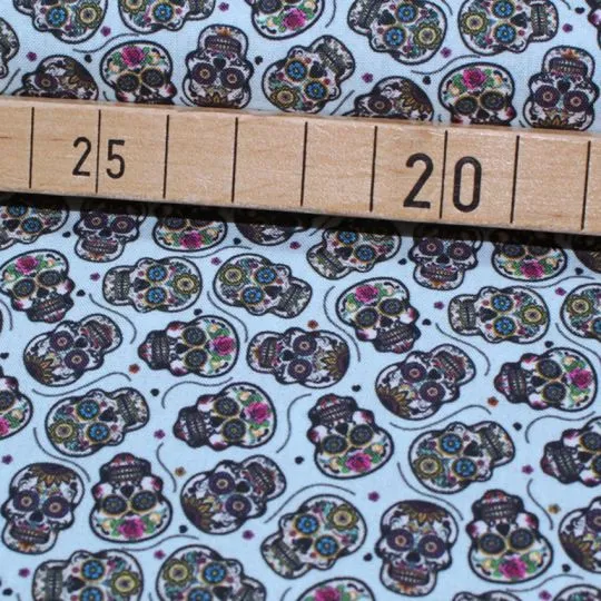 Rest: 2m Baumwollstoff Popeline Skull Kult hellblau
