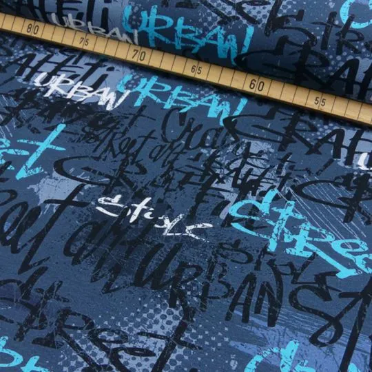 Rest: 1m Baumwolljerseystoff Graffiti blau