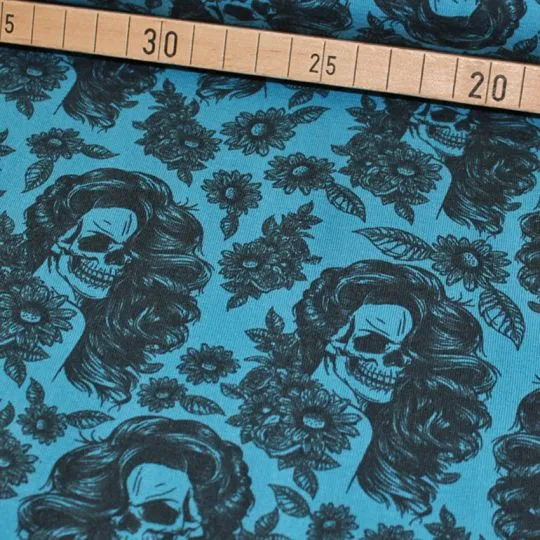 50cm Jerseystoff Women Vintage Skull petrol