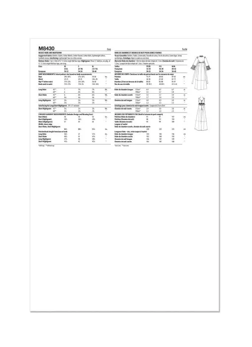 M8430 McCalls Schnittmuster Vintage Nachtwäsche 70er Jahre