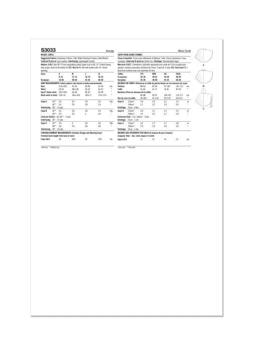 3033 Simplicity Schnittmuster Cape S-XL