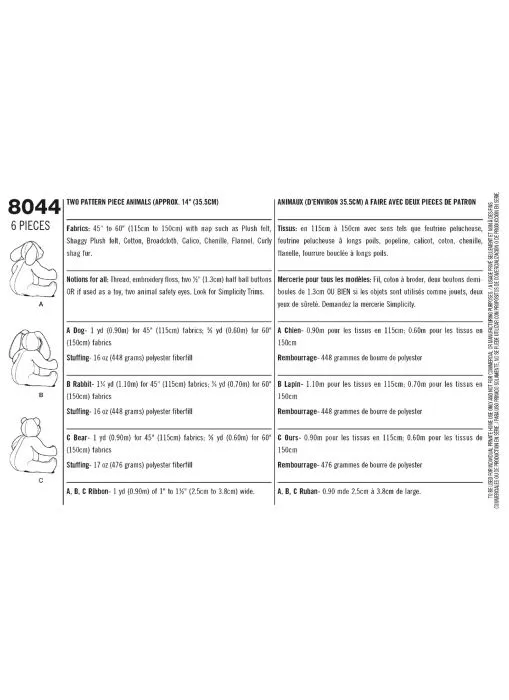 8044 Simplicity Schnittmuster Hund Hase Teddybär