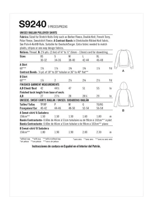 9240 Simplicity Schnittmuster Sweatshirt Hoodie XS-XL