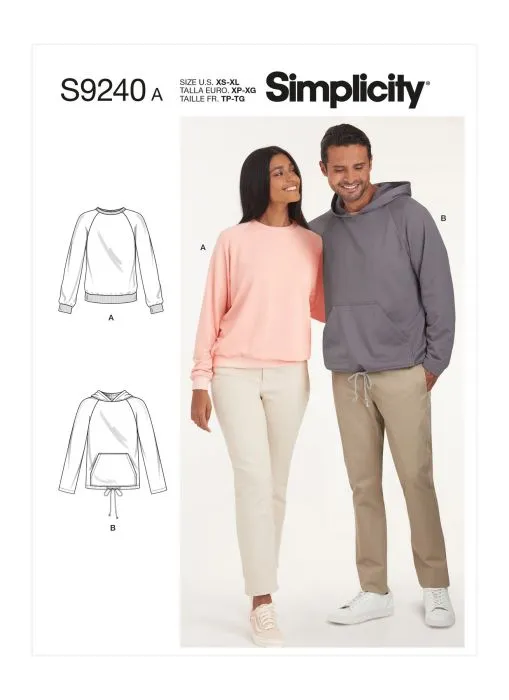 9240 Simplicity Schnittmuster Sweatshirt Hoodie XS-XL