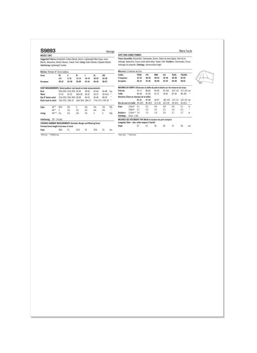 9893 Simplicity Schnittmuster Cape XS-XXL