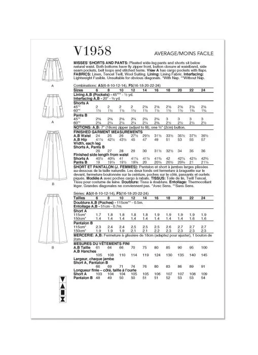 V1958 VOGUE Schnittmuster Hose Shorts