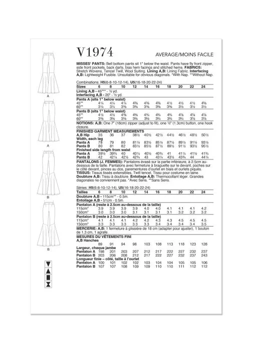 V1974 VOGUE Schnittmuster Schlaghose im 70er Jahre-Stil