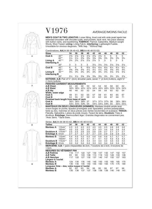 V1976 VOGUE Schnittmuster Herrenmantel