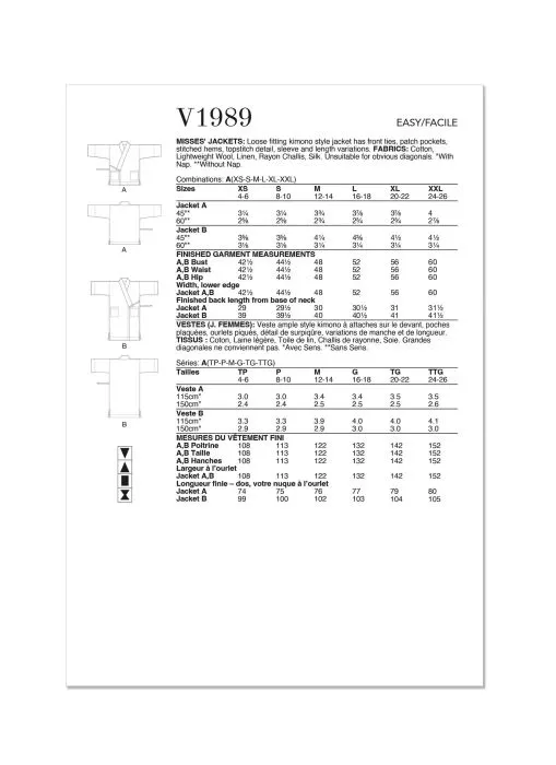 V1989 VOGUE Schnittmuster Designer Jacke Kimono