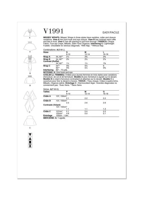 V1991 VOGUE Schnittmuster Designer Cape Stola