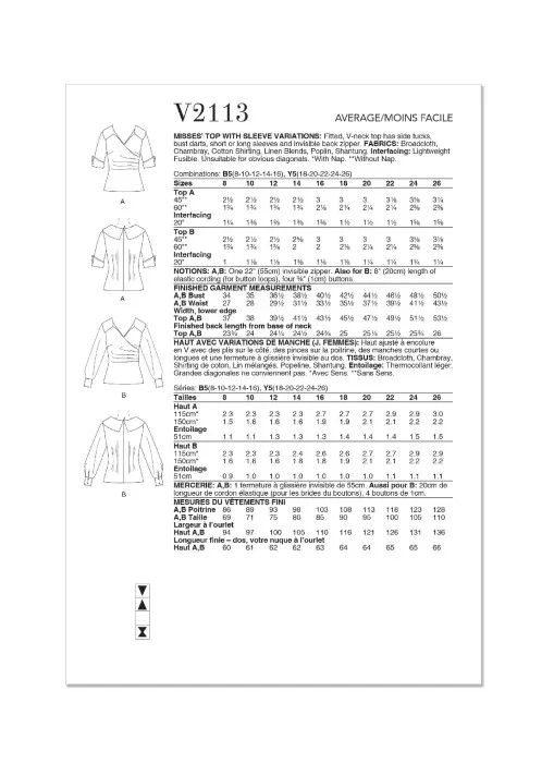 V2113 VOGUE Schnittmuster Bluse in Wickeloptik
