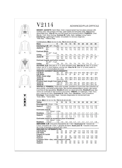 V2114 VOGUE Schnittmuster Abendjacke Blazer