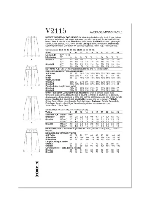 V2115 VOGUE Schnittmuster für kurze Hosen