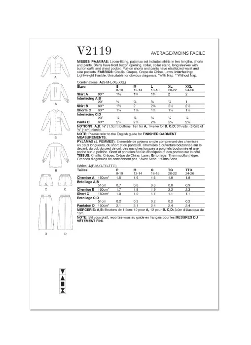 V2119 VOGUE Schnittmuster Pyjama Shorty S-XXL