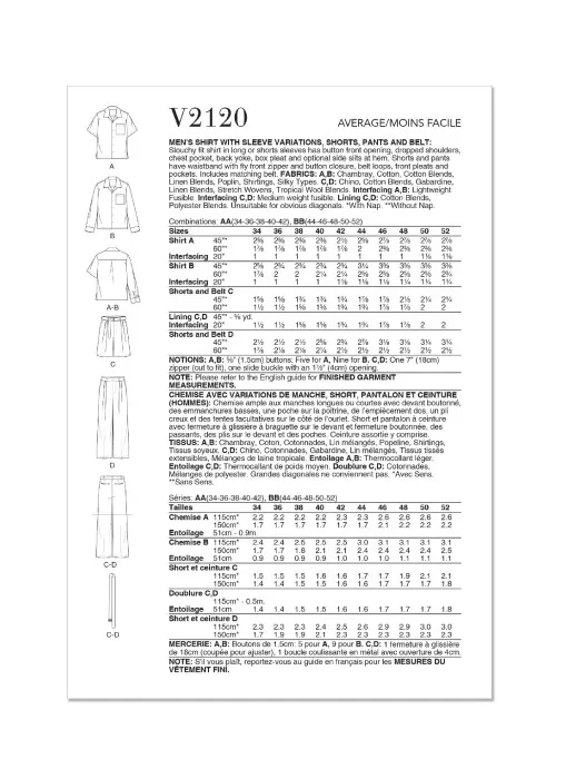 V2120 VOGUE Schnittmuster Herren Hemd Hose